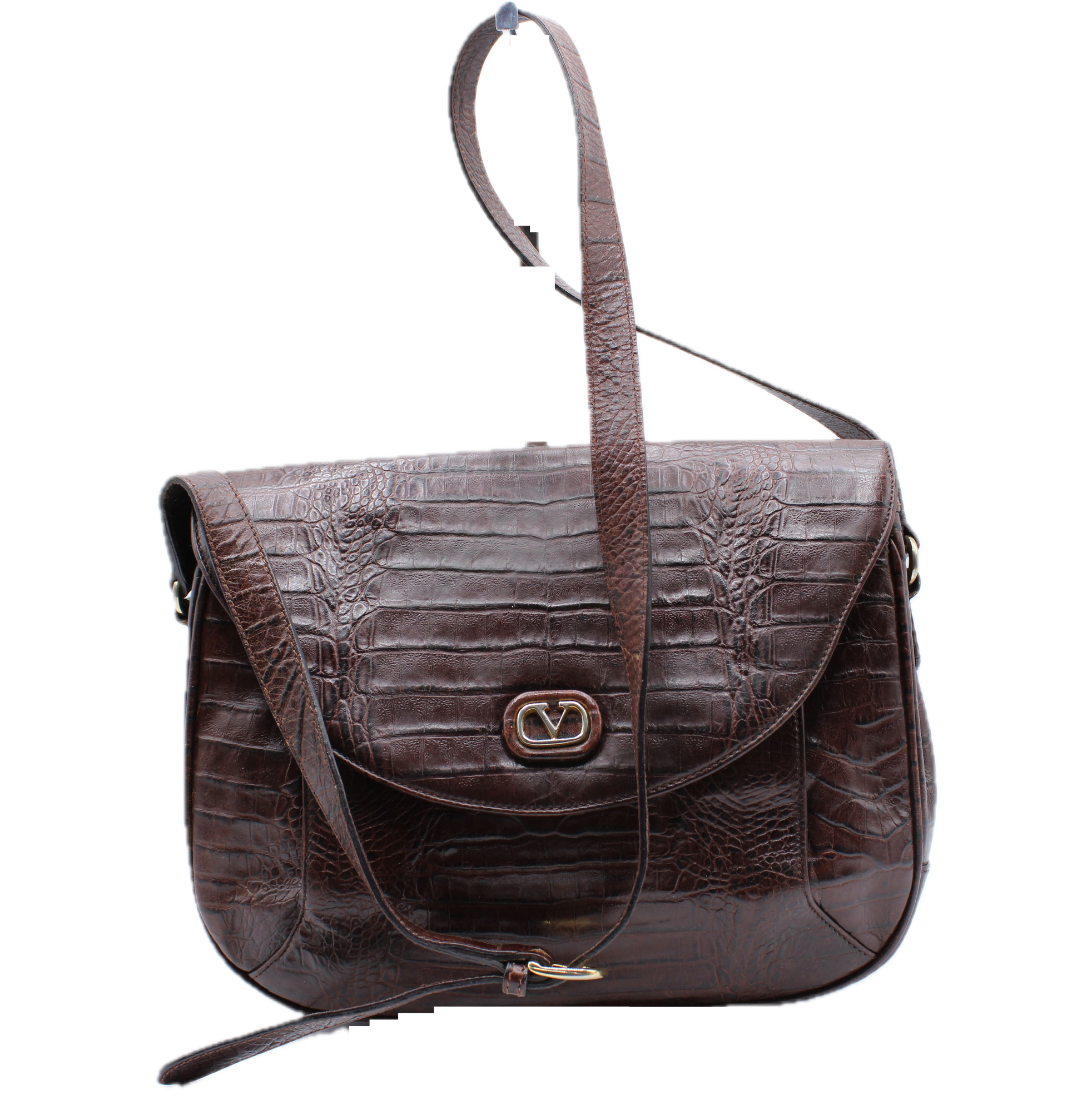 Valentino Garavani Crocodile Embossed Brown VSLING Leather Crossbody Bag front view