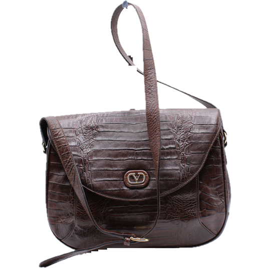 Valentino Garavani Crocodile Embossed Brown VSLING Leather Crossbody Bag front view