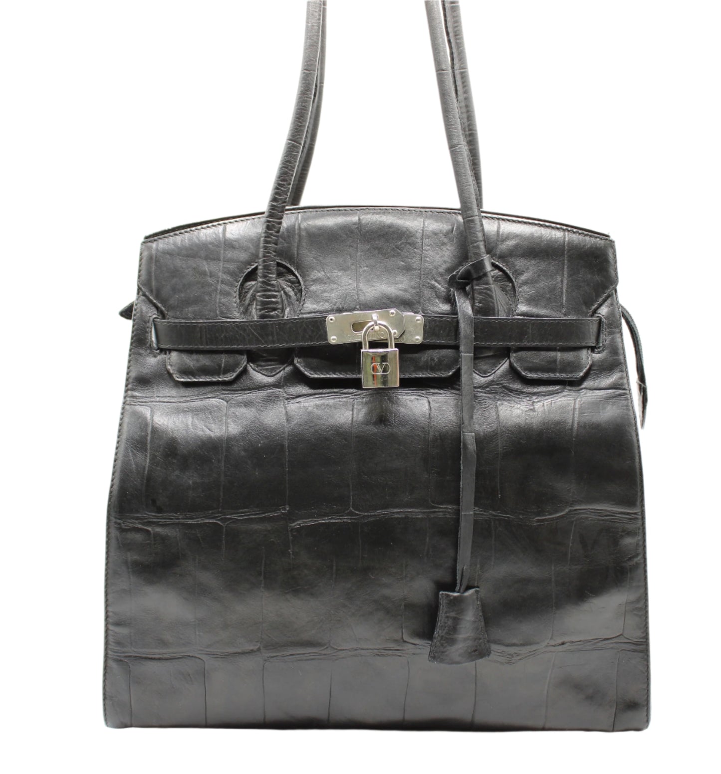 Valentino Garavani Black Croc Embossed Birkin Style Leather Tote Bag