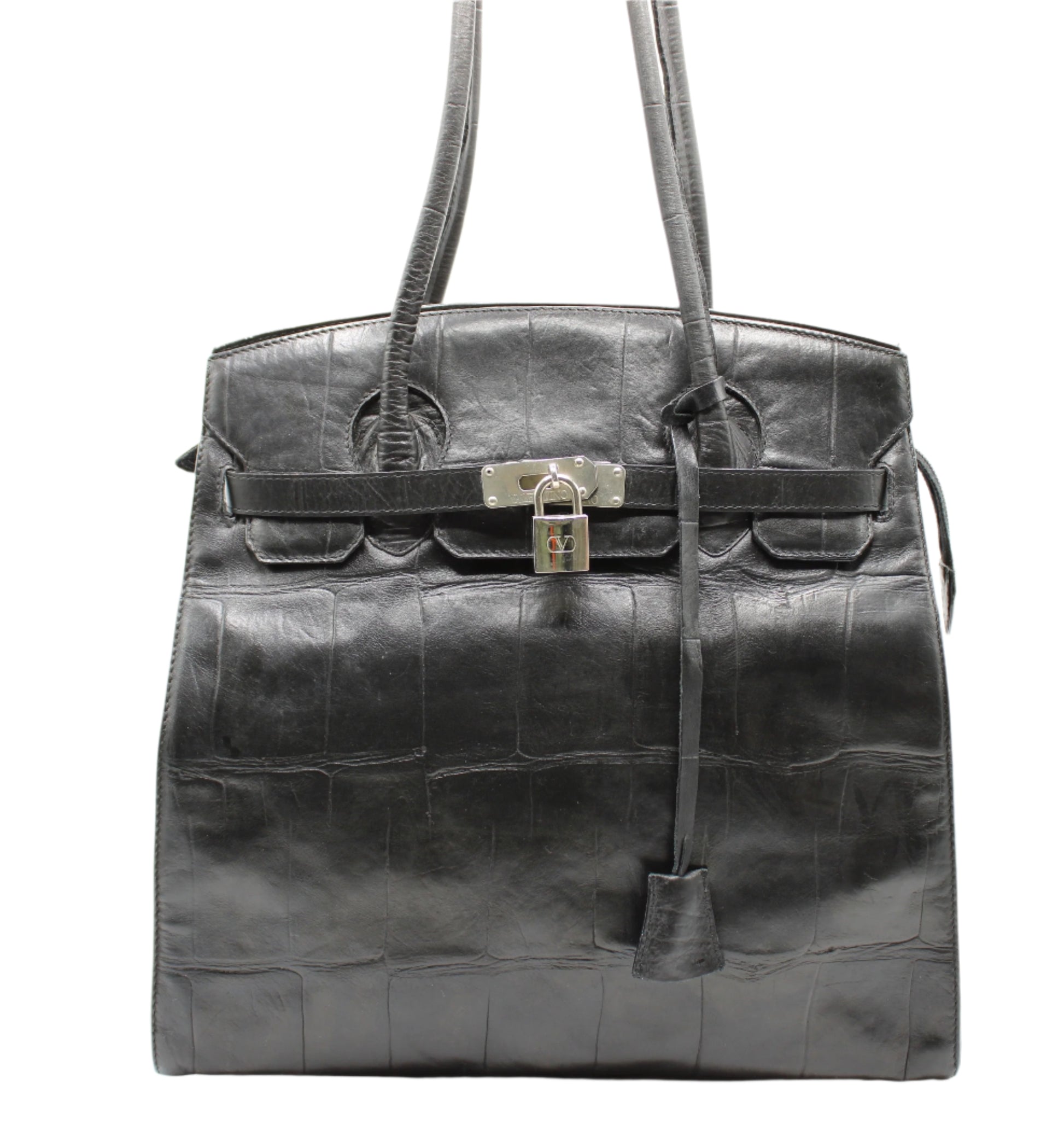 Valentino Garavani Black Croc Embossed Birkin Style Leather Tote Bag