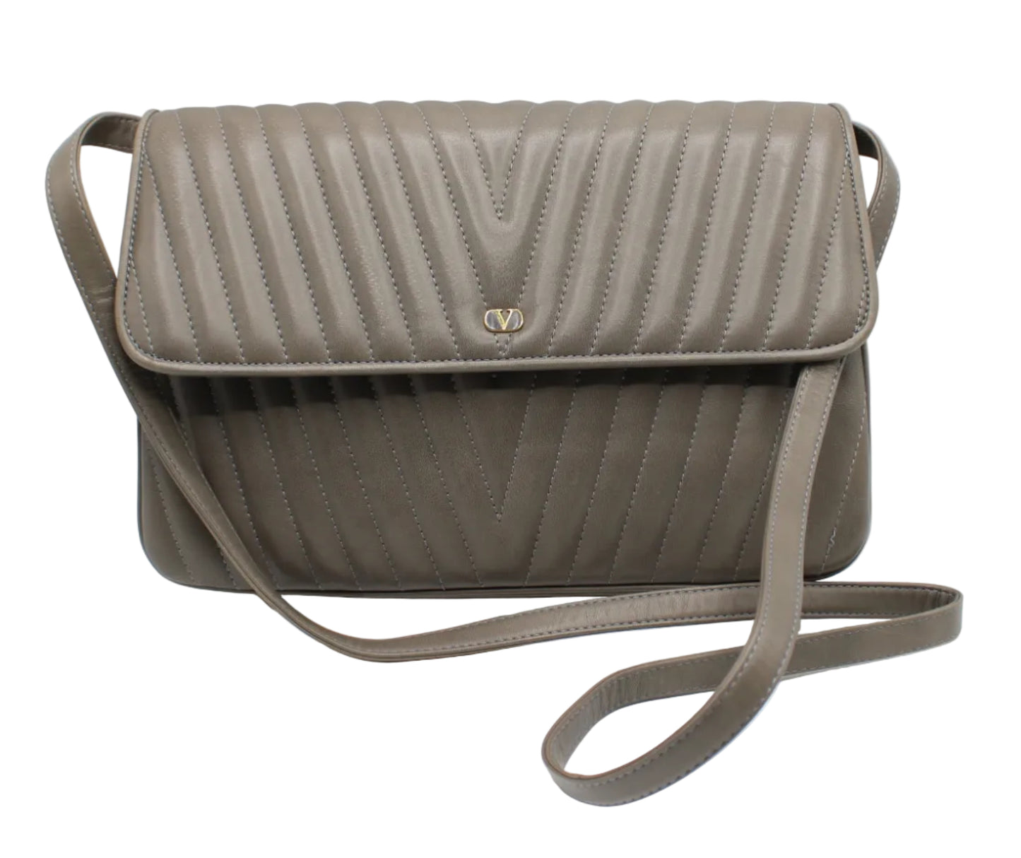 Valentino Garavani Grey Leather Chevron Flap Crossbody Quilted gray handbag with a visible brand logo on a white background