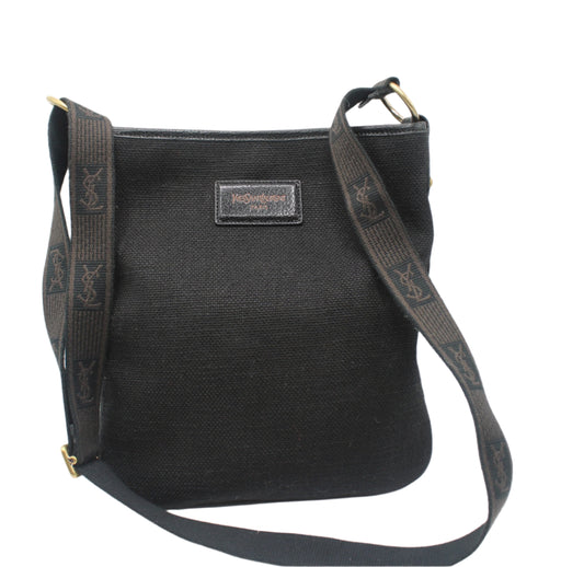 Yves Saint Laurent Black Canvas Logo Strap Crossbody Bag Black shoulder bag with a visible brand logo on a white background