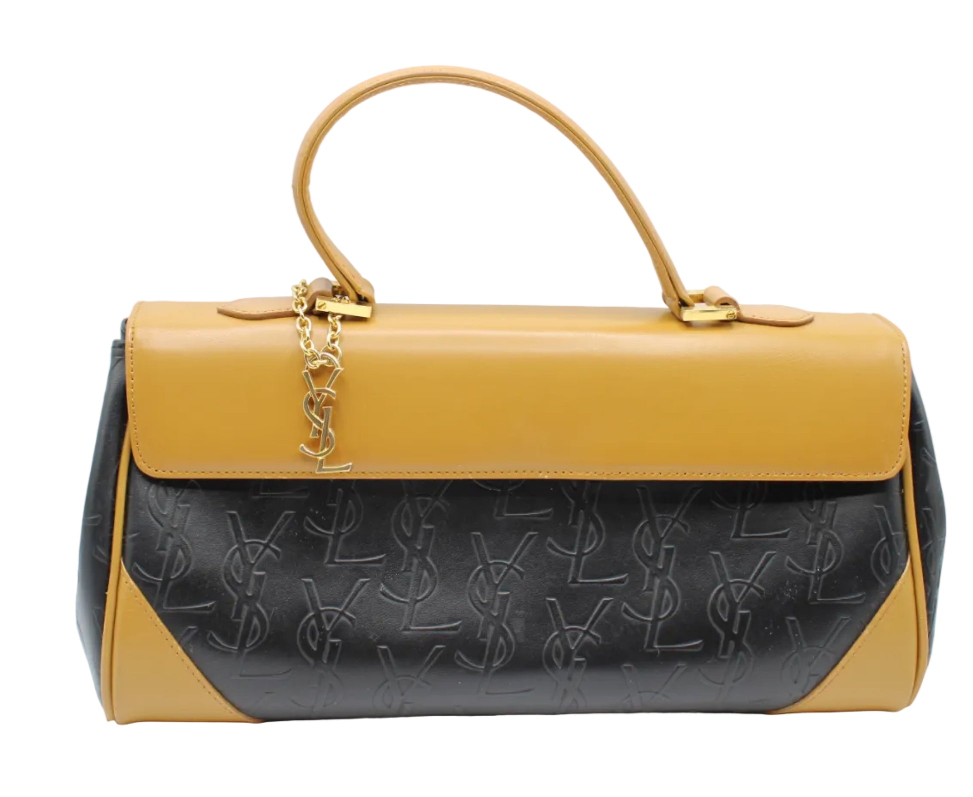 Yves Saint Laurent Black Embossed YSL Leather Top Handle Bag Two-toned handbag with yellow top half and black embossed bottom half on a white background