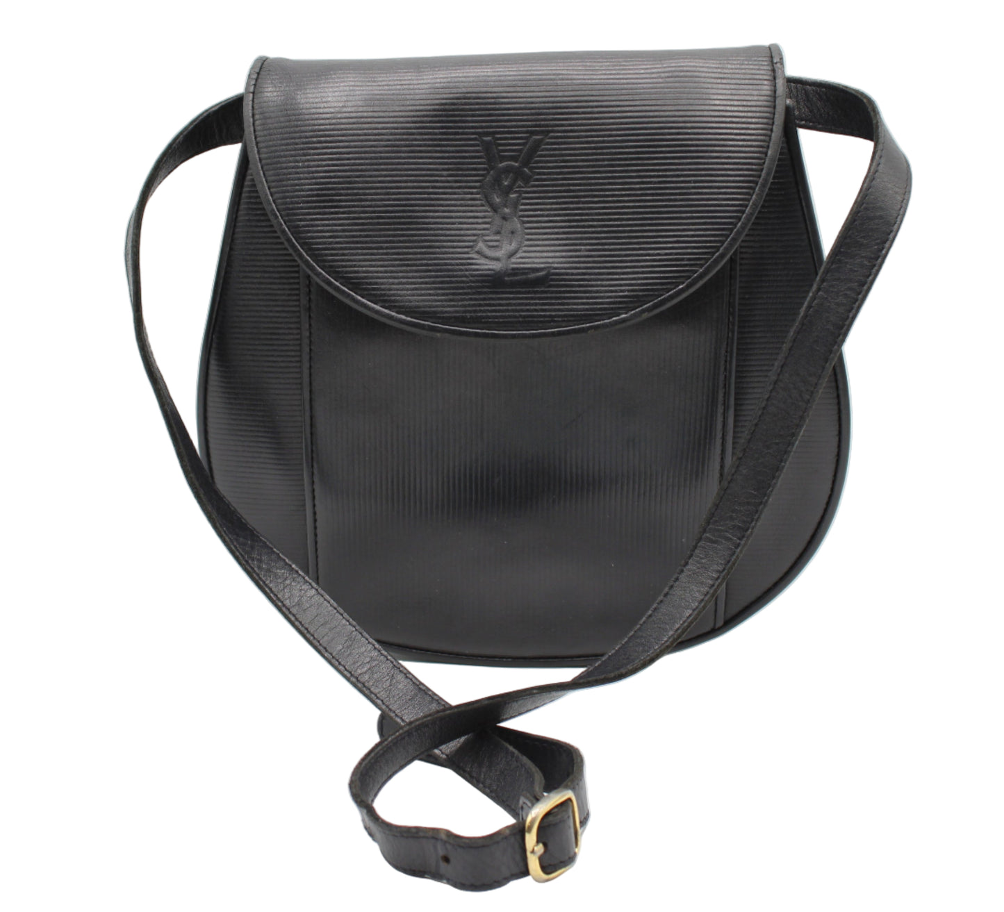 Yves Saint Laurent Black Leather Crossbody Flap Bag Black textured handbag with a brand logo on a white background