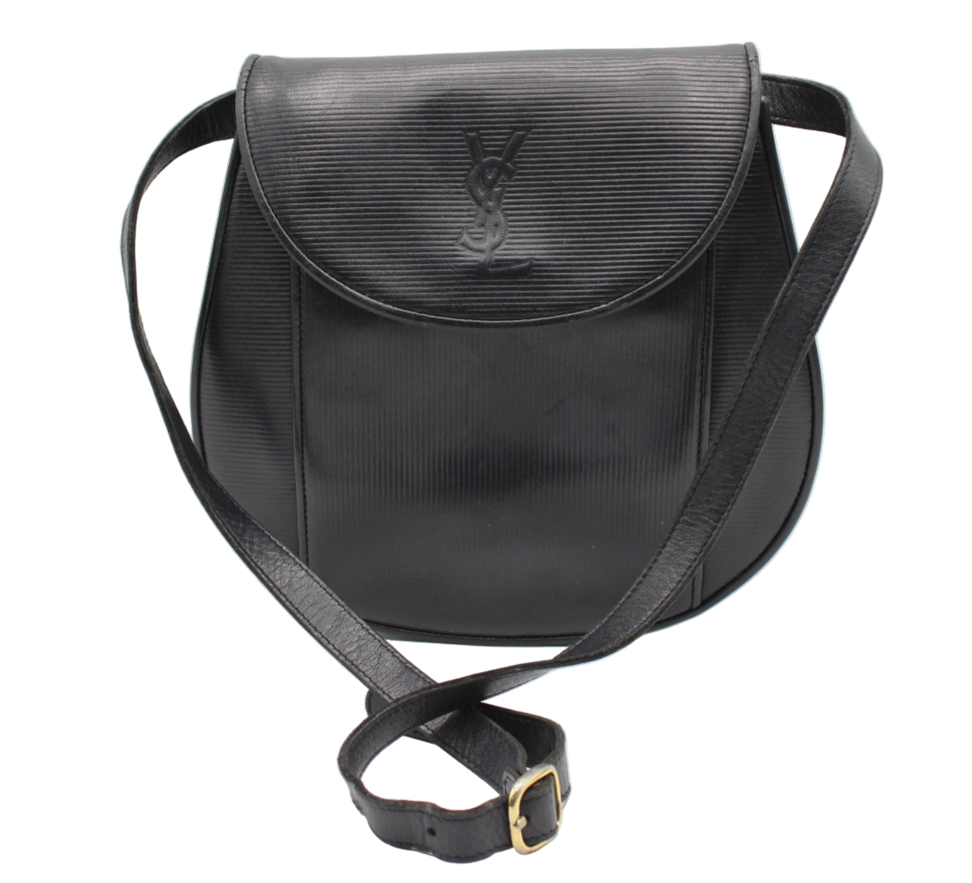 Yves Saint Laurent Black Leather Crossbody Flap Bag Black textured handbag with a brand logo on a white background