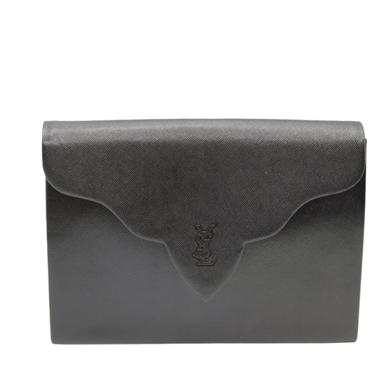 Yves Saint Laurent Black Leather Flap Clutch Box Dust Bag