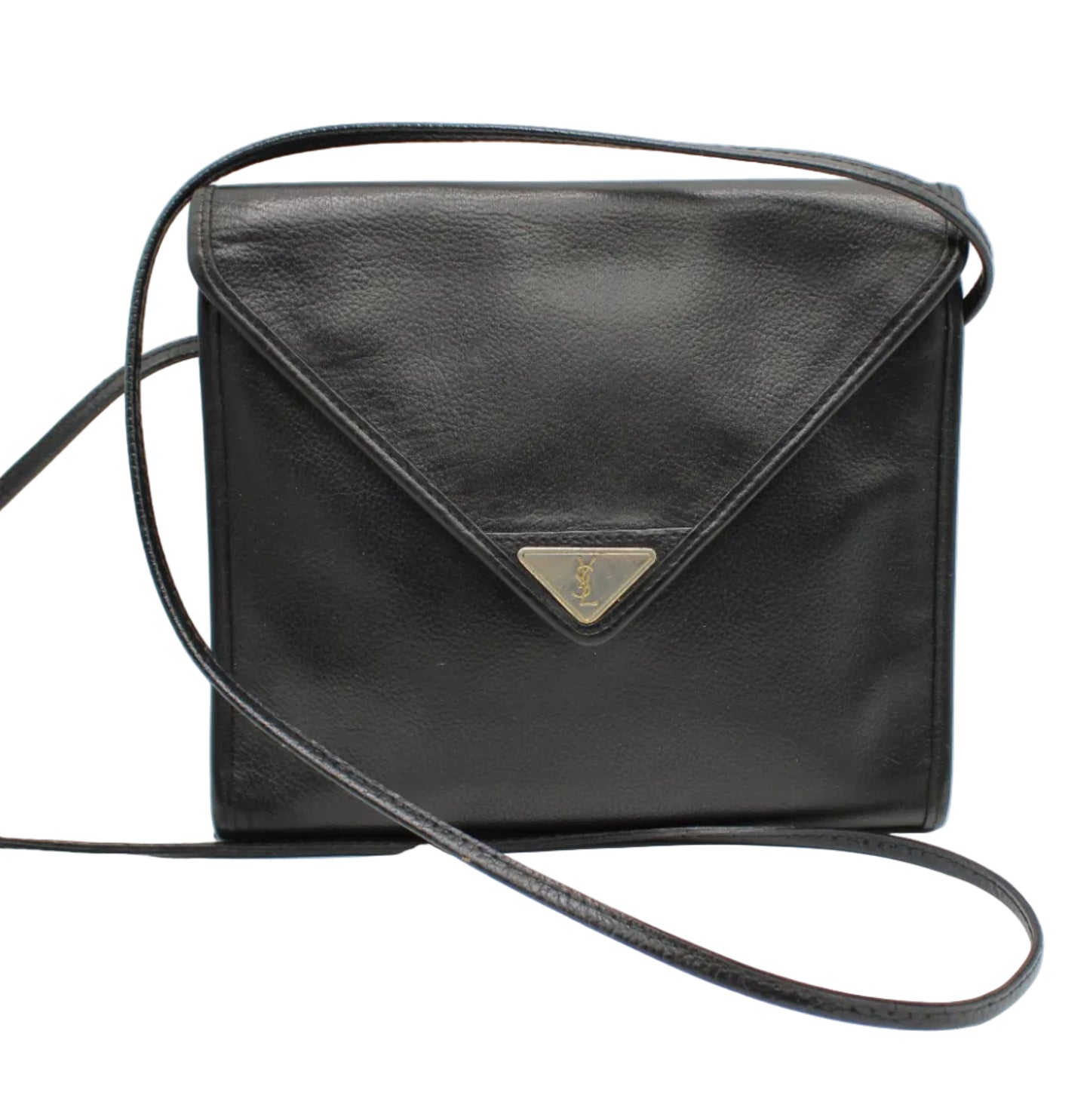 Yves Saint Laurent Black Leather Flap Crossbody Bag Black leather handbag with a strap on a white background