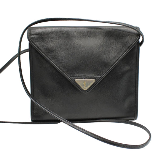 Yves Saint Laurent Black Leather Flap Crossbody Bag Black leather handbag with a strap on a white background
