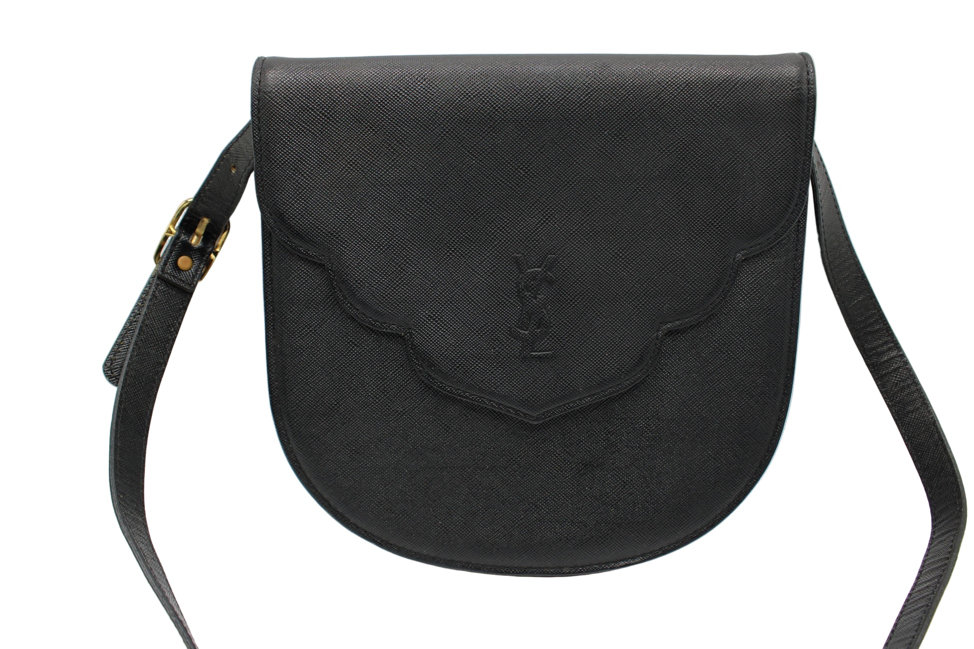 Yves Saint Laurent Black Leather Logo Flap Crossbody Bag Black leather handbag with a brand logo on a white background