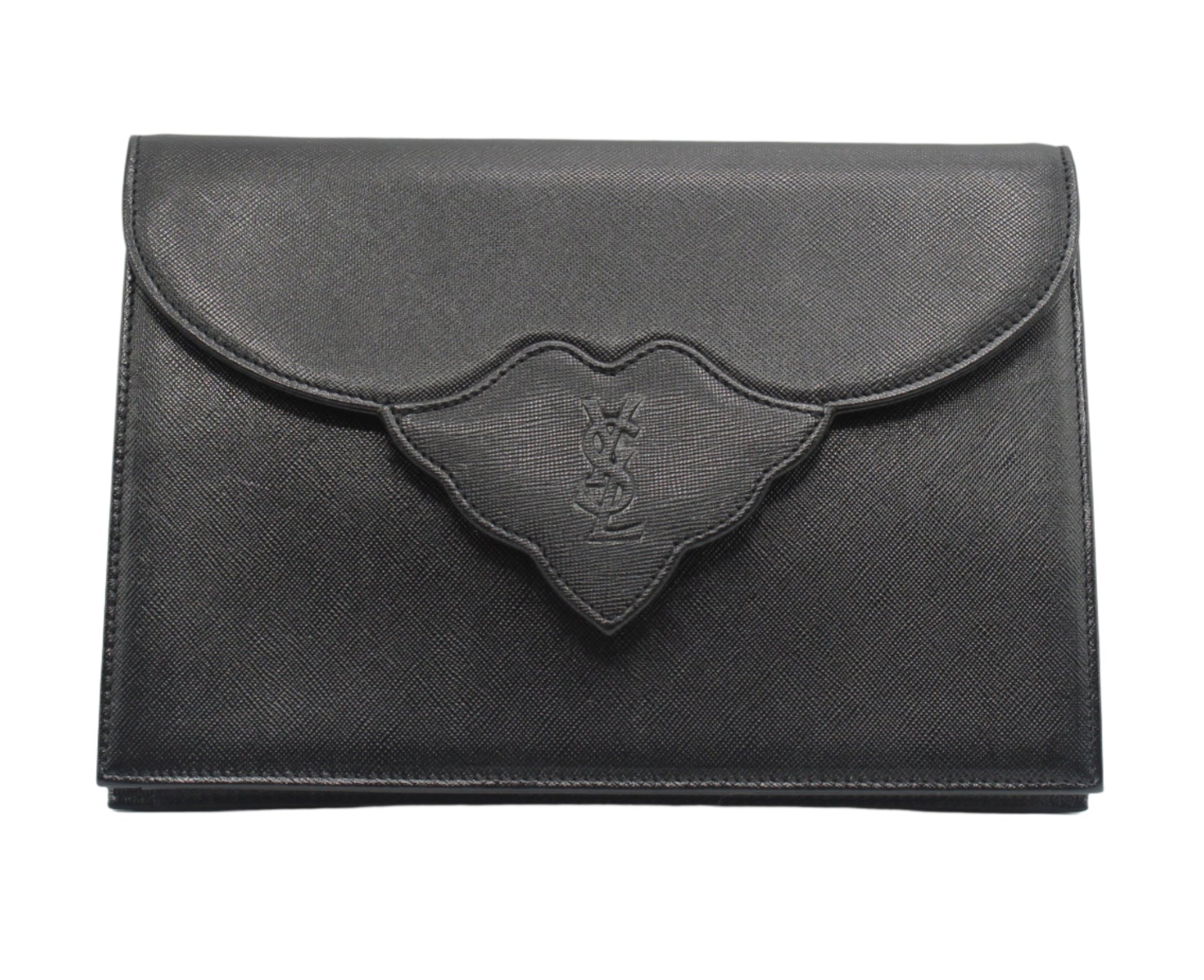Yves Saint Laurent Black Textured Leather Flap Clutch Bag Black leather clutch bag with a brand logo on a white background