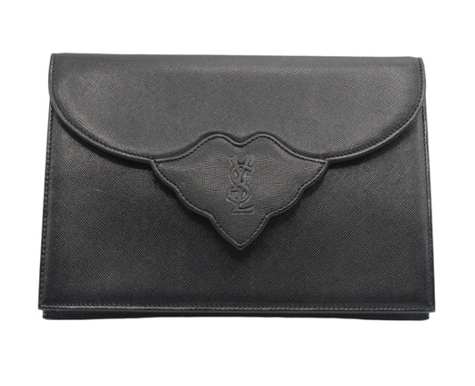 Yves Saint Laurent Black Textured Leather Flap Clutch Bag Black leather clutch bag with a brand logo on a white background