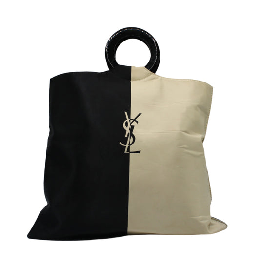 Yves Saint Laurent Black White Cloth Logo Ring Handle Tote Bag 