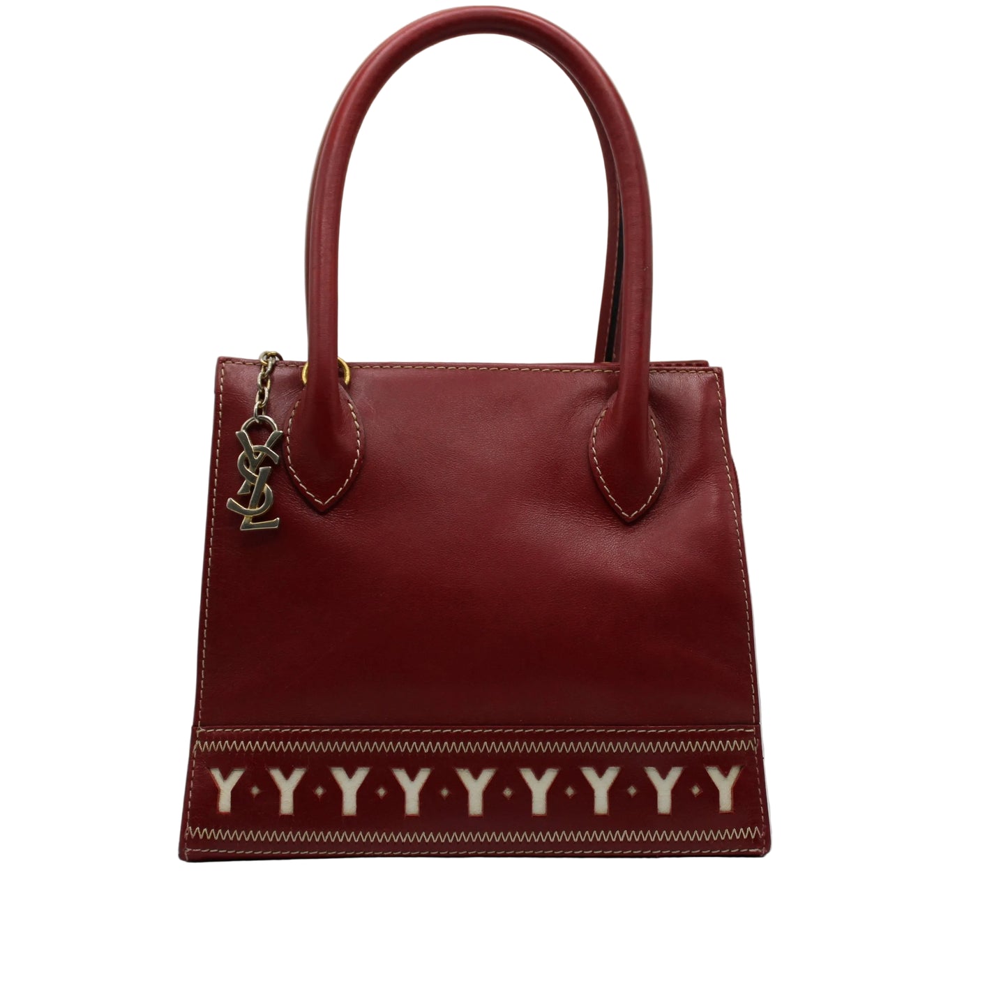 Yves Saint Laurent Burgundy Leather Y Pattern Shoulder Handbag Red handbag with decorative chain and pattern on a white background