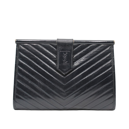 Yves Saint Laurent Chevron Quilted Navy Leather Flap Clutch Bag