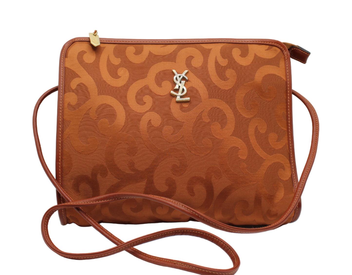 Yves Saint Laurent Orange YSL Mascarade Canvas Crossbody Bag Brown patterned handbag with a brand logo on a white background