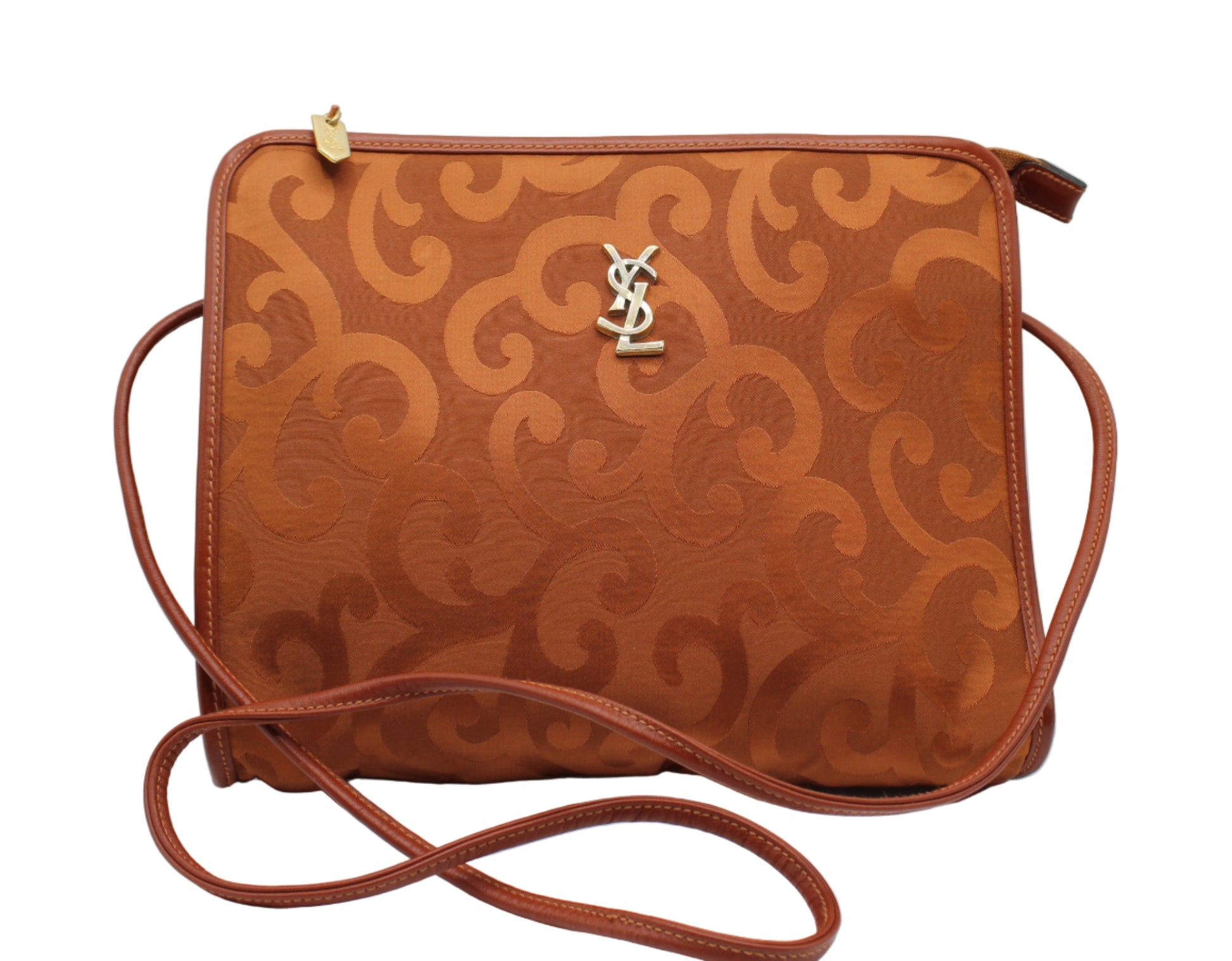 Yves Saint Laurent Orange YSL Mascarade Canvas Crossbody Bag Brown patterned handbag with a brand logo on a white background