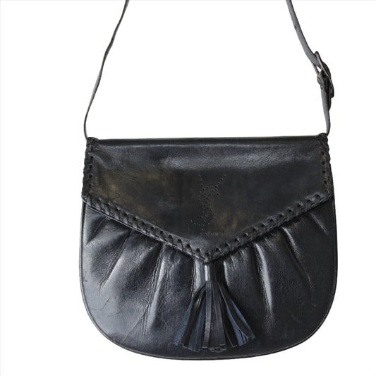 Yves Saint Laurent Perforated Logo Tassel Black Leather Crossbody Bag