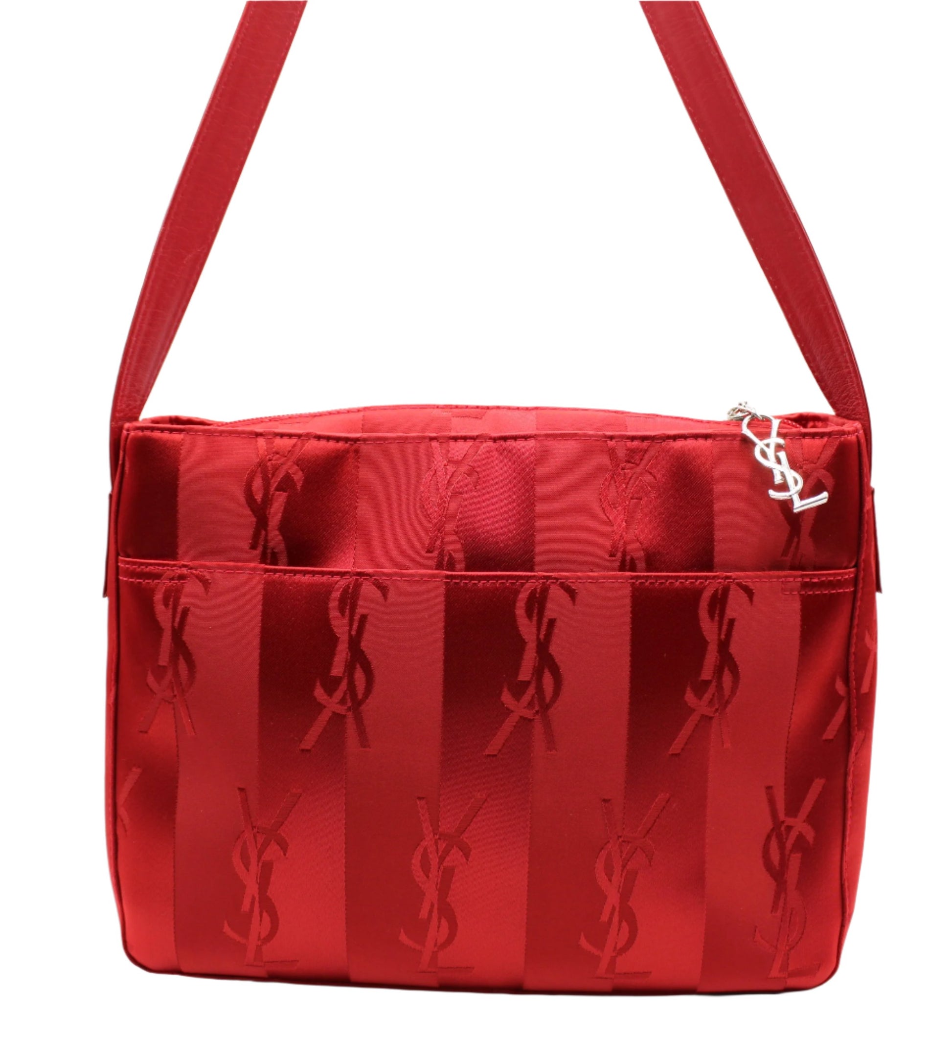 Yves Saint Laurent Red Jacquard Nylon Shoulder Bag Silver Charm
