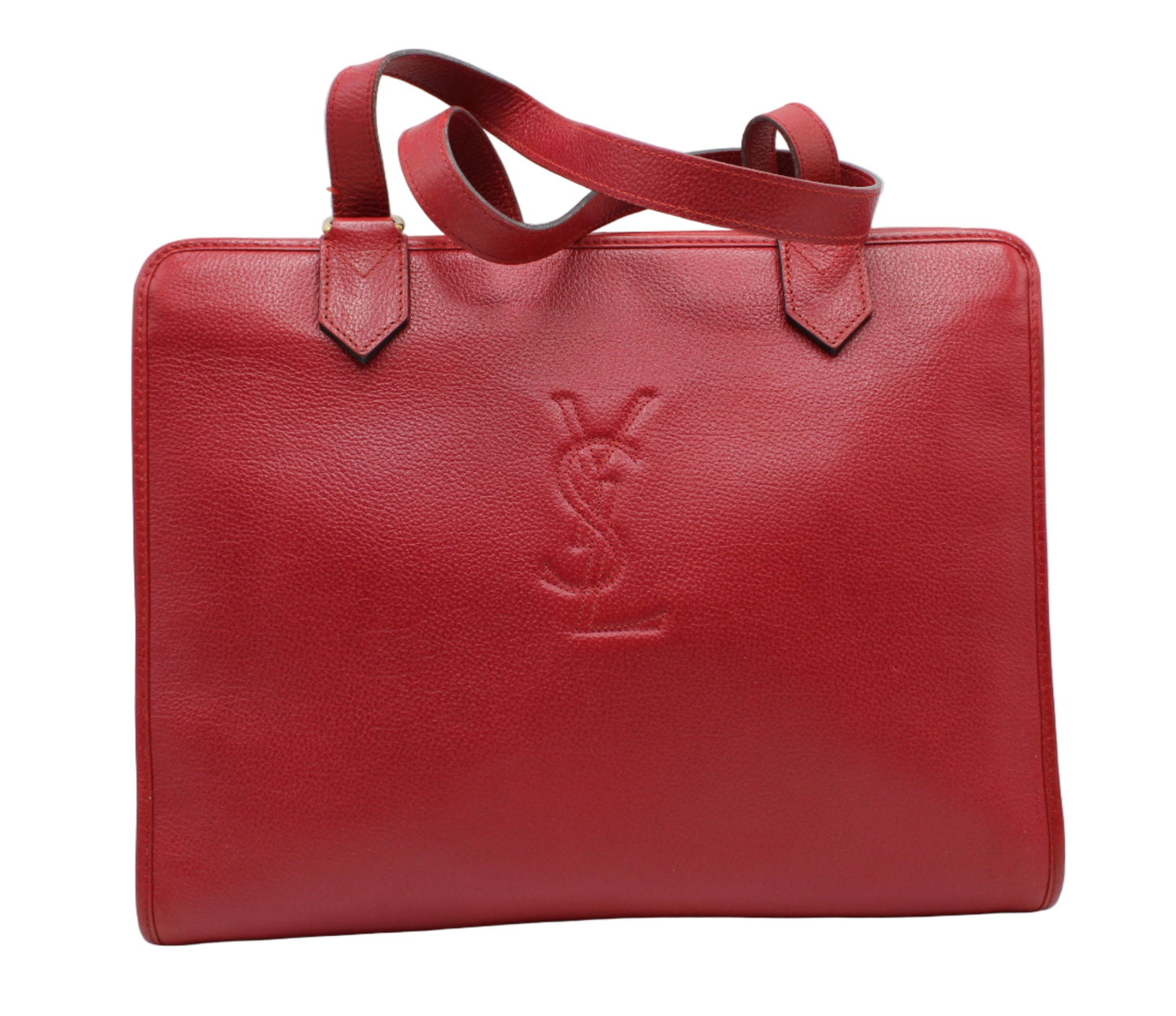 Yves Saint Laurent Red Leather Embossed Logo Shoulder Bag Red leather handbag with a prominent logo on a white background