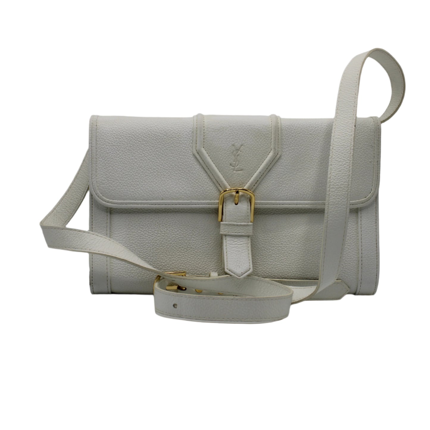 Yves Saint Laurent White Leather Gold Buckle Crossbody Clutch Bag