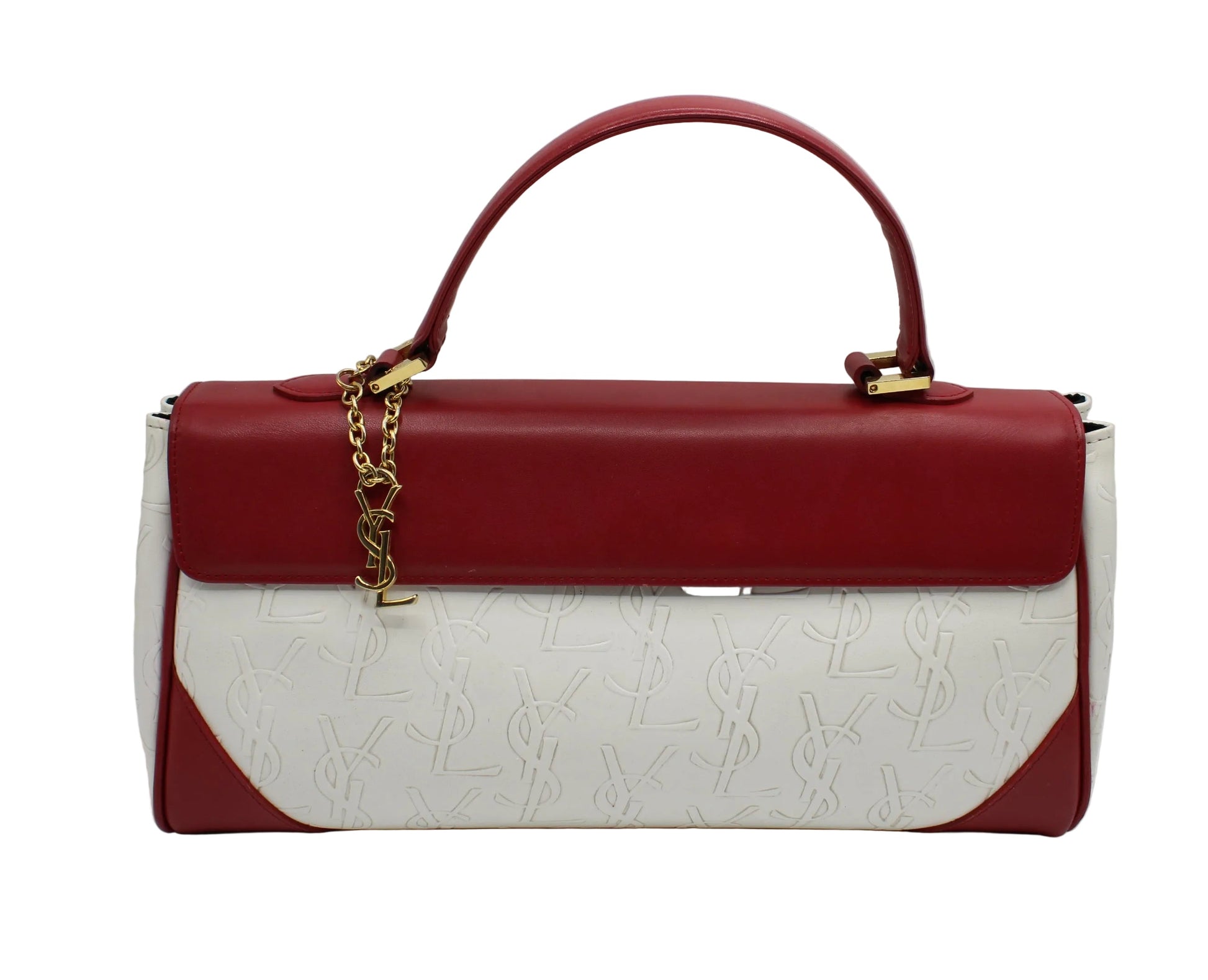 Yves Saint Laurent White Red Embossed Logo Leather Flap Hand Bag Red and white handbag with gold chain on a light gray background