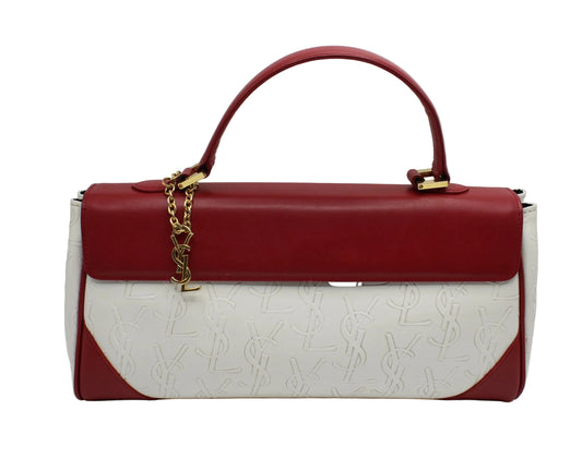 Yves Saint Laurent White Red Embossed Logo Leather Flap Hand Bag Red and white handbag with gold chain on a light gray background